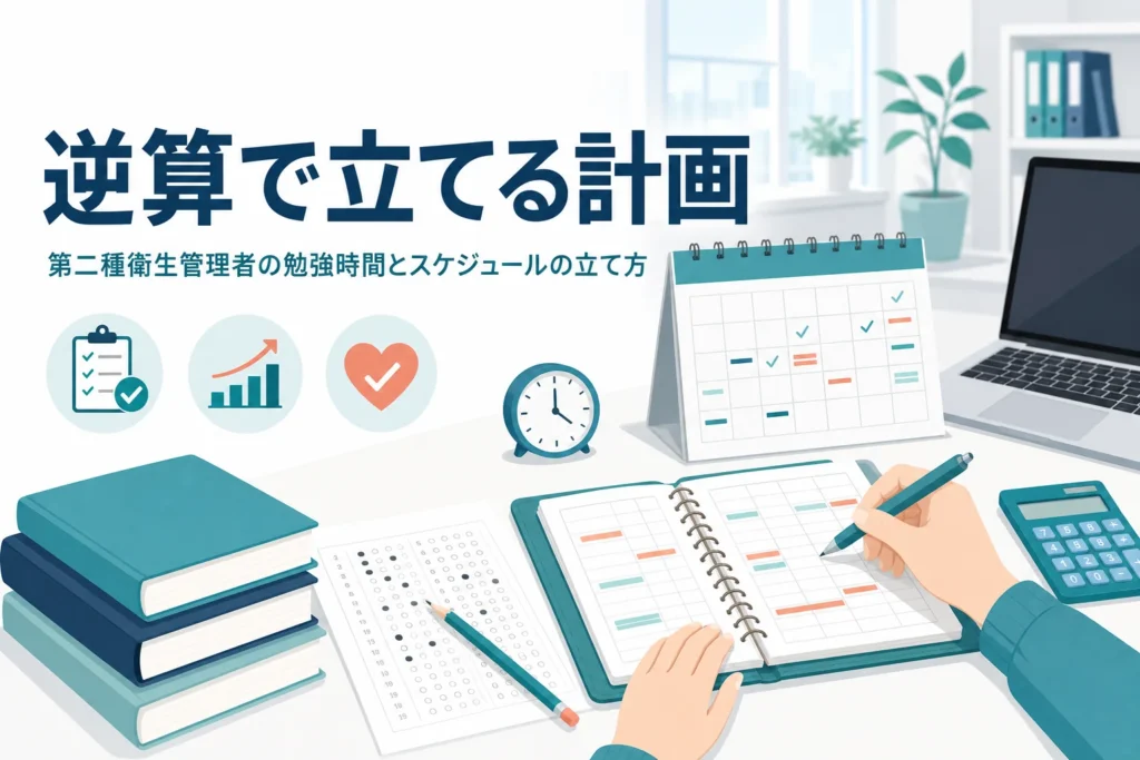 第二種衛生管理者の勉強時間を、試験日から逆算してスケジュールを立てる方法で紹介する記事のアイキャッチ