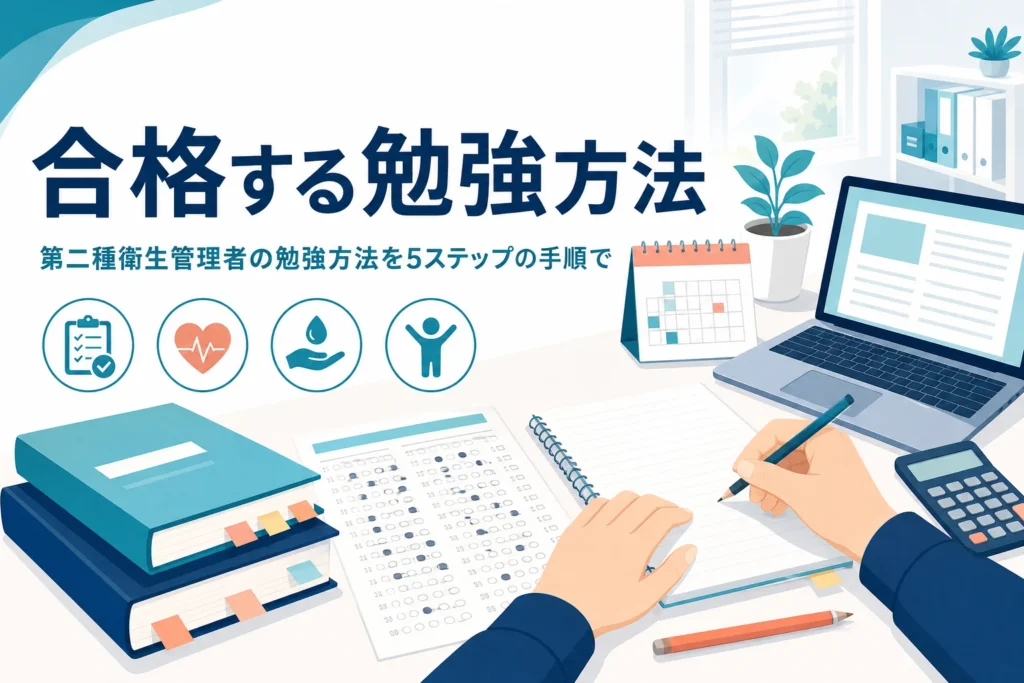 第二種衛生管理者の勉強方法を、合格基準から逆算した5ステップの手順で紹介する記事のアイキャッチ