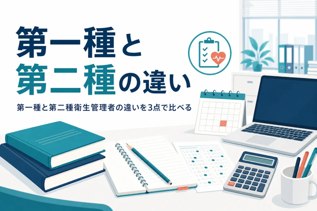 第一種と第二種衛生管理者の違いを、選任できる業種と試験の範囲から比べる記事のアイキャッチ