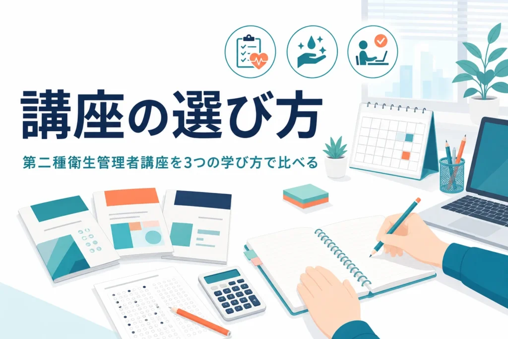 第二種衛生管理者の講座の選び方を、通信講座・通学・独学の3通りで比べる記事のアイキャッチ
