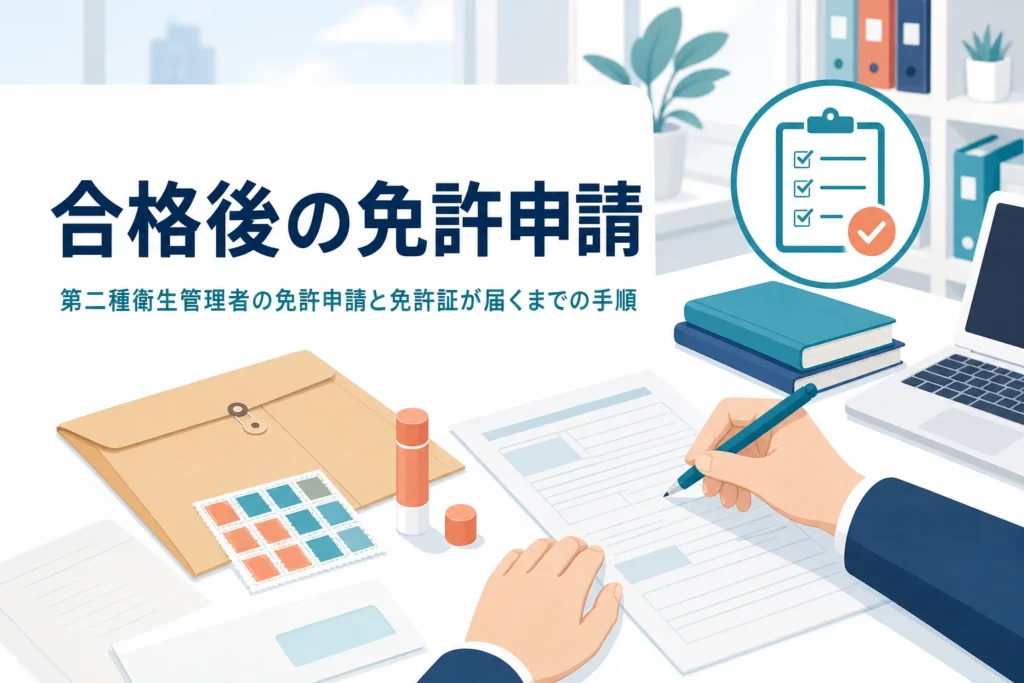 第二種衛生管理者の免許申請を、合格通知から免許証が届くまでの手順で紹介する記事のアイキャッチ