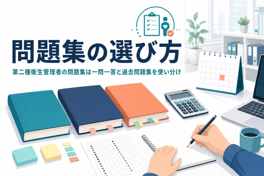第二種衛生管理者の問題集の選び方と、一問一答・過去問題集の使い分けを紹介する記事のアイキャッチ