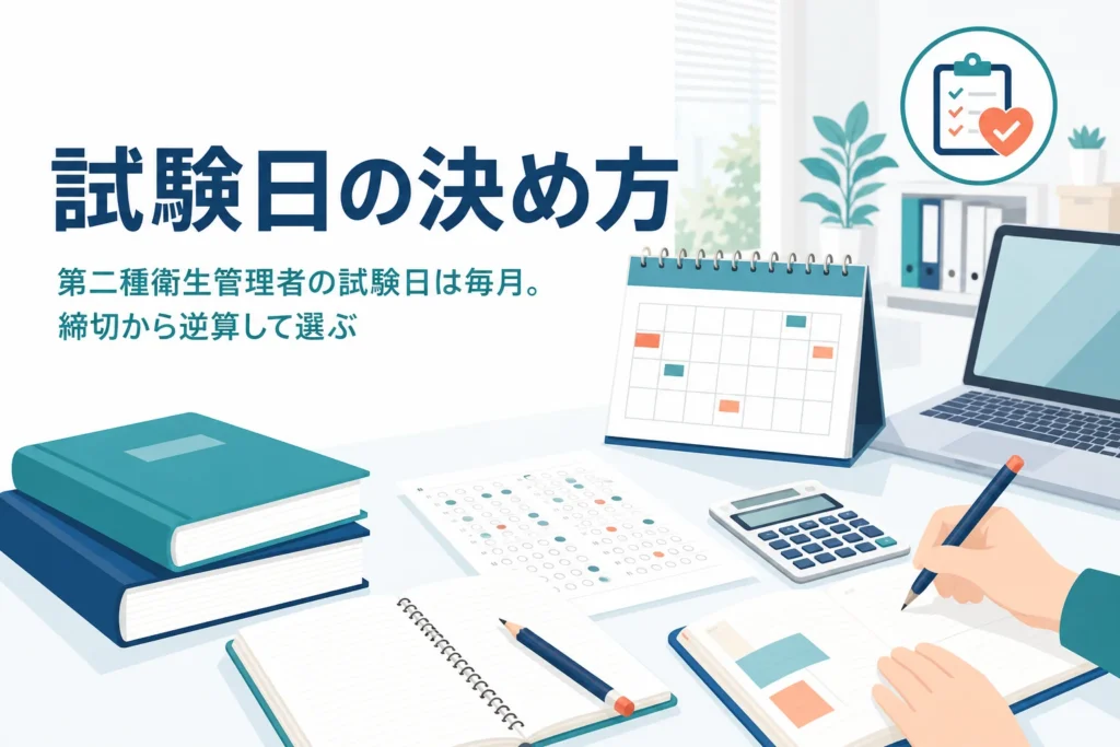第二種衛生管理者の試験日の探し方と、申込締切から逆算する決め方を紹介する記事のアイキャッチ