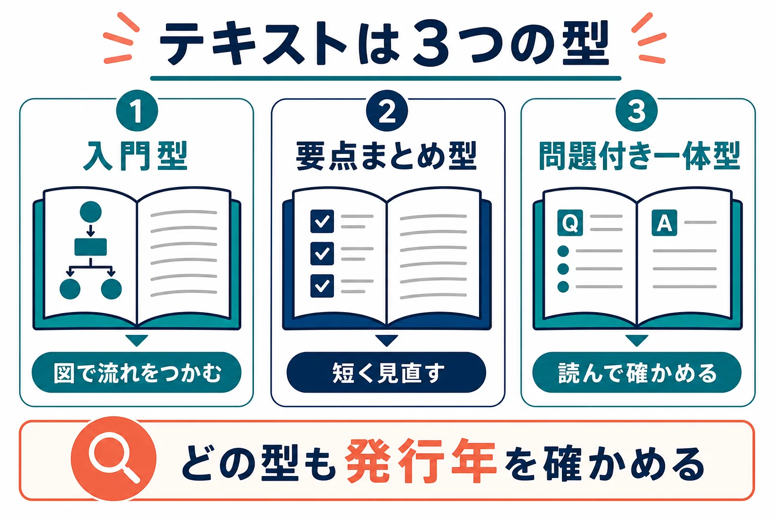 第二種衛生管理者のテキストを図解が多い入門型・要点まとめ型・問題付き一体型の3つに分け、特徴と向いている人を並べた図解