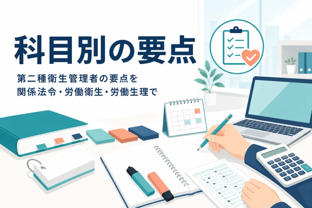 第二種衛生管理者の要点を、関係法令・労働衛生・労働生理の3科目ごとに紹介する記事のアイキャッチ